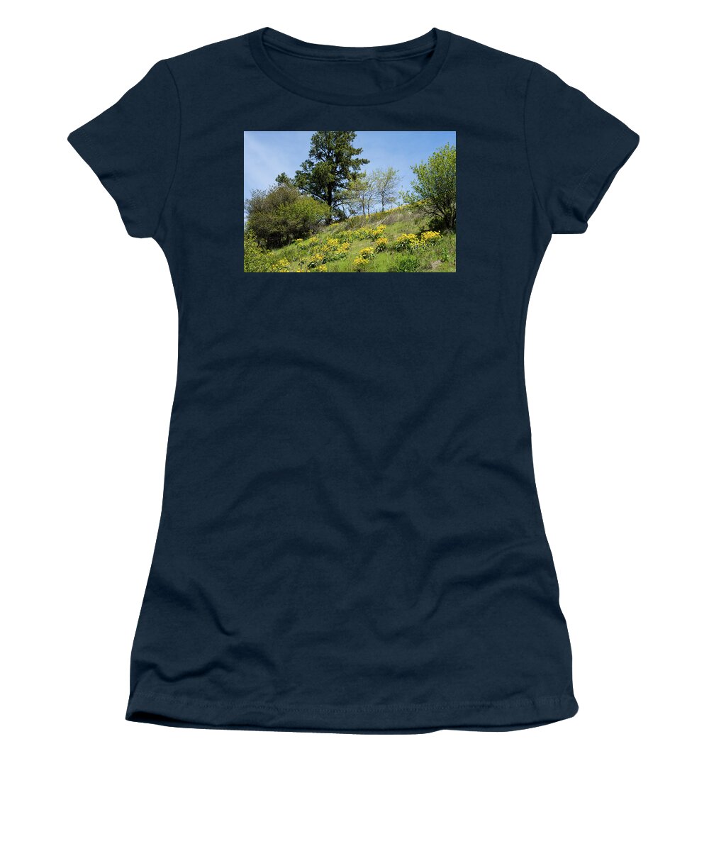 Balsamroot And Pine Near Klemgard Park Women's T-Shirt featuring the photograph Balsamroot and Pine Near Klemgard Park by Tom Cochran
