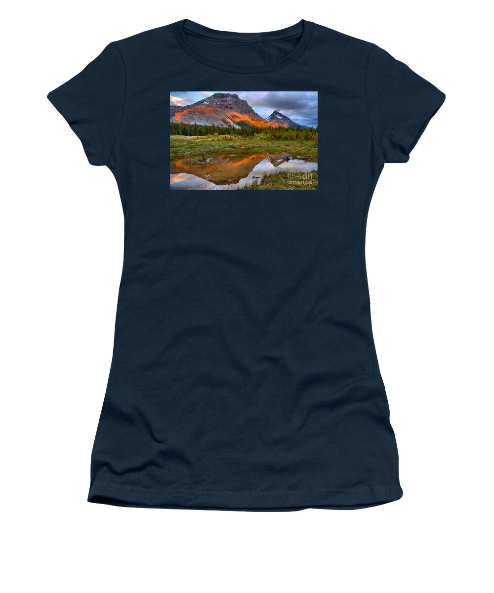 Canadian Rocky Mountains Women's T-Shirt featuring the photograph Banff Pond Sunset Reflections by Adam Jewell