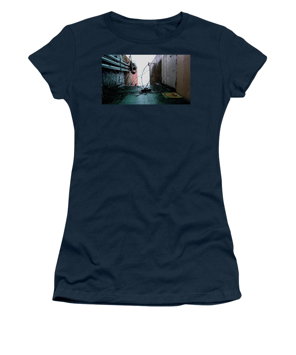Seattle Women's T-Shirt featuring the photograph Barbed Wire City Scene by Cathy Anderson