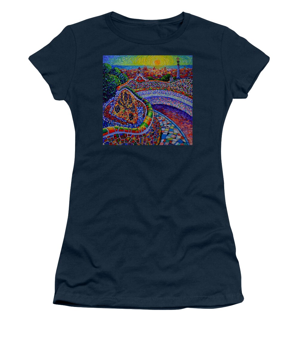 Barcelona Women's T-Shirt featuring the painting BARCELONA PARK GUELL SUNRISE modern impressionist impasto knife oil painting Ana Maria Edulescu by Ana Maria Edulescu