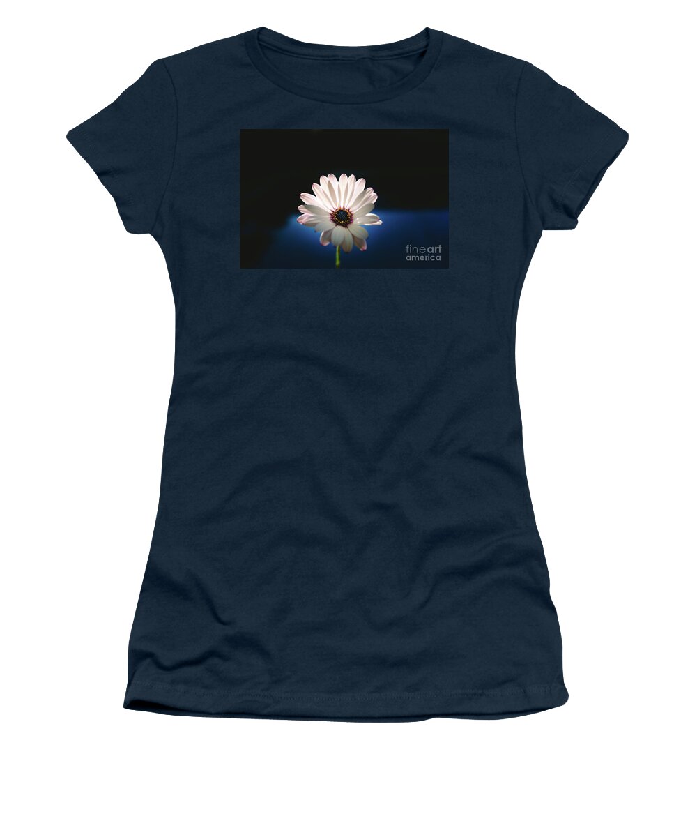 Background Women's T-Shirt featuring the photograph Beautiful and delicate white female flower dark background illum by Joaquin Corbalan