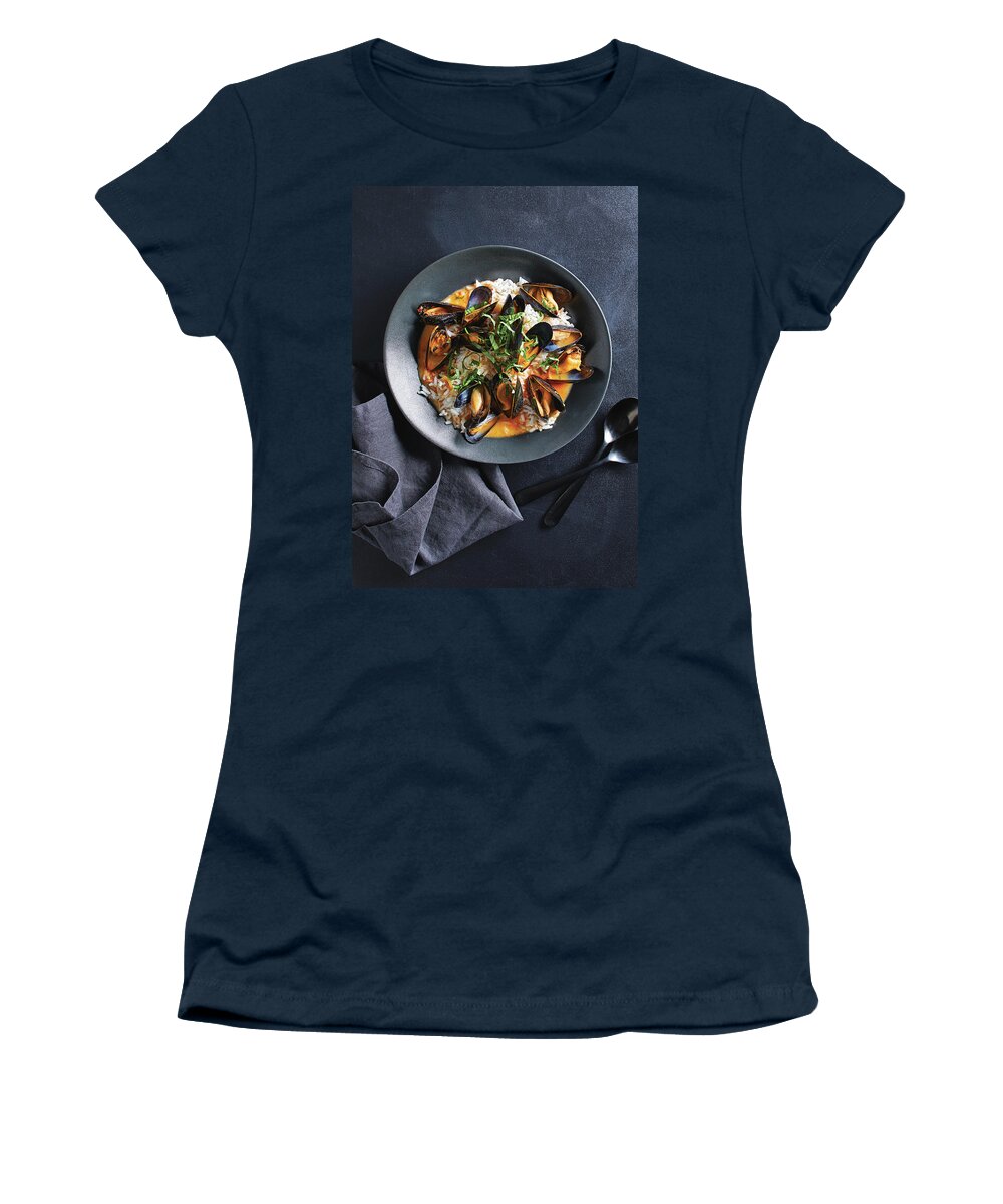 Red Women's T-Shirt featuring the photograph Big mussels by Cuisine at Home