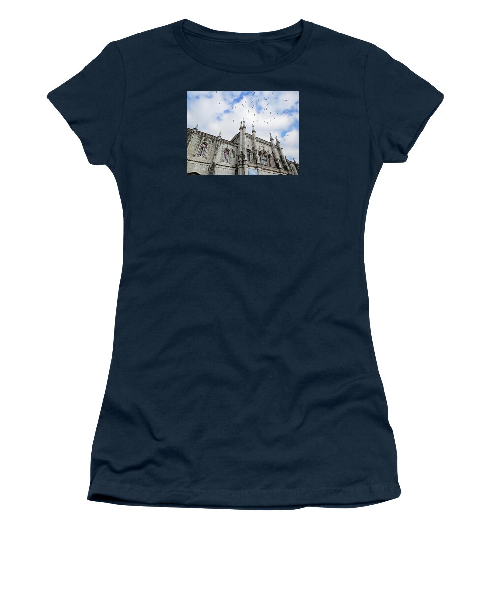 Birds Women's T-Shirt featuring the photograph Birds flying above Jeronimos Monastery by Pema Hou