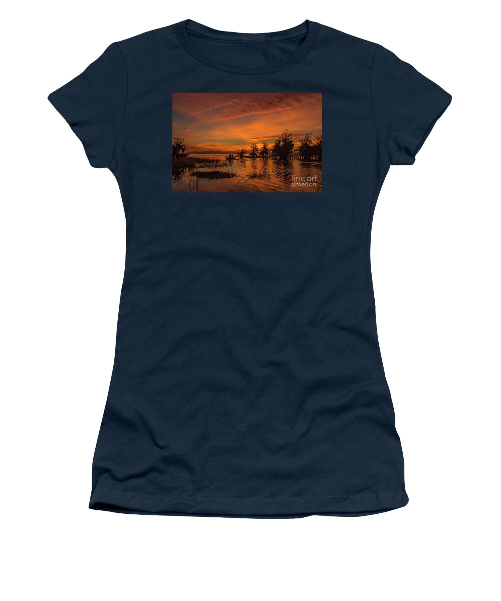 Sun Women's T-Shirt featuring the photograph Blue Cypress Sunrise with Boat by Tom Claud