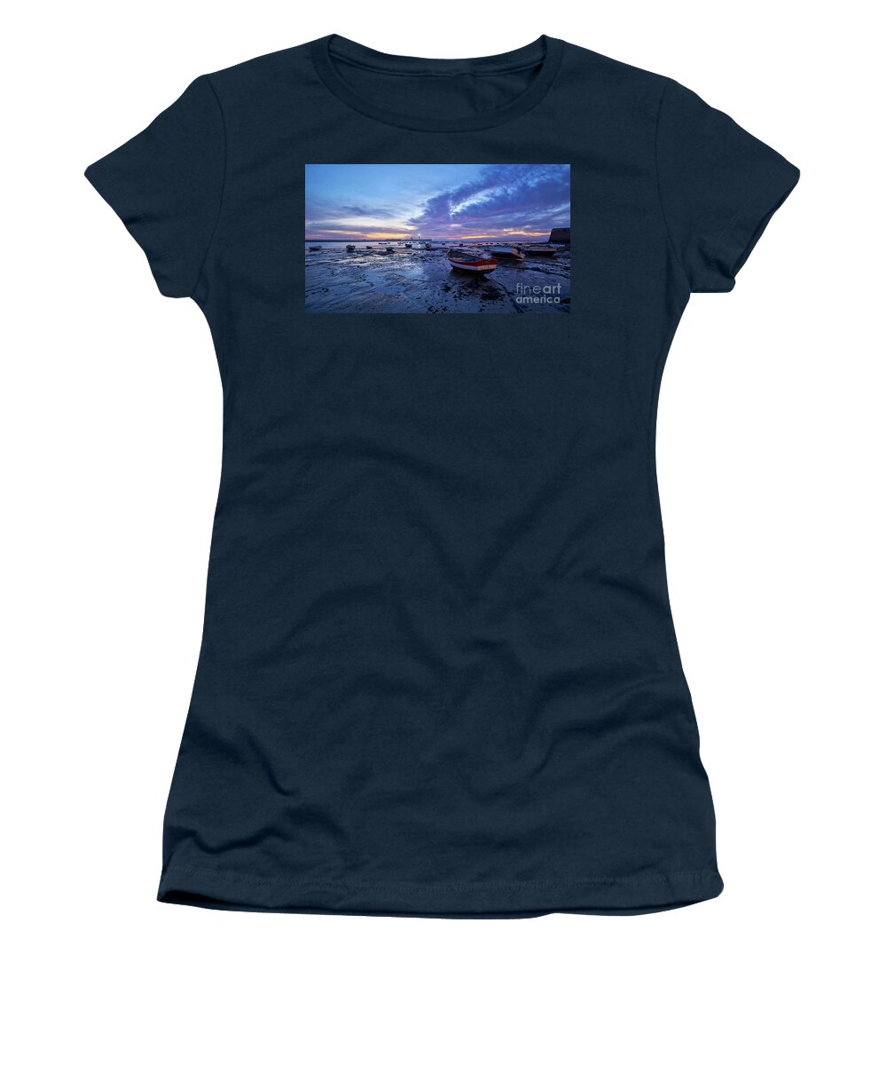 Shore Women's T-Shirt featuring the photograph Boats at La Caleta Beach at Dusk under a Blue Sky Cadiz by Pablo Avanzini