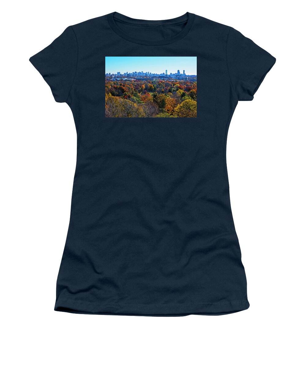 Boston Women's T-Shirt featuring the photograph Boston Through the Autumn Trees Boston MA Sunny Day Mount Auburn Cemetery by Toby McGuire
