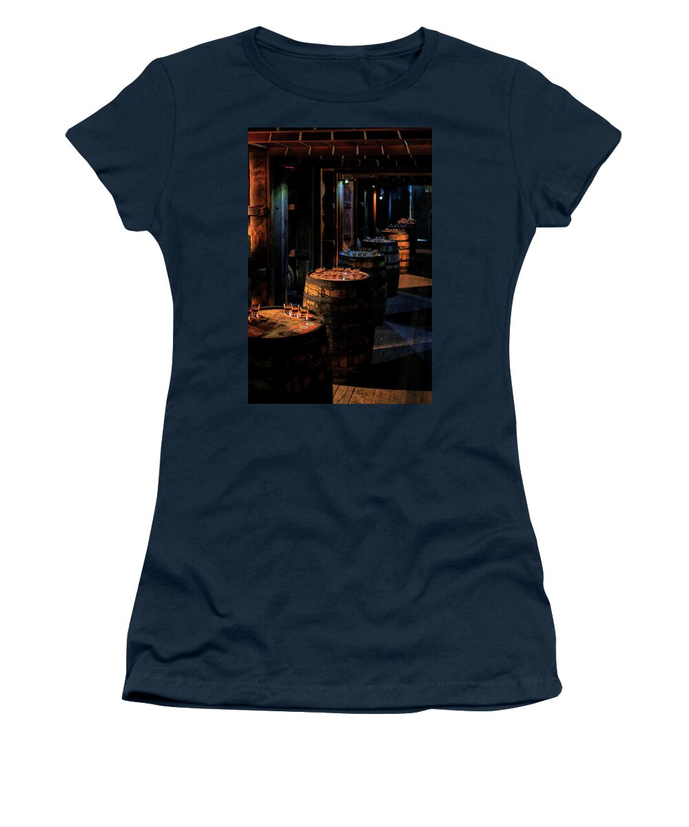 Woodford Reserve Women's T-Shirt featuring the photograph Bourbon Tasting Between the Ricks by Susan Rissi Tregoning