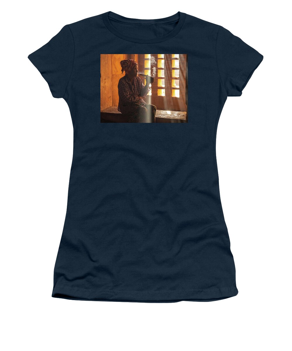 Woman Women's T-Shirt featuring the photograph Burmese woman smoking a cigar by Ann Moore