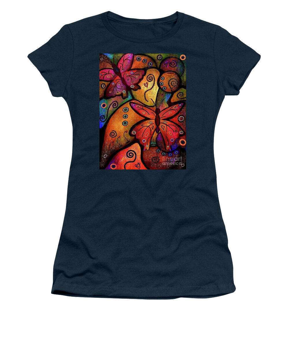 Butterflies Women's T-Shirt featuring the mixed media Butterfly Whimsy Colorful Abstract Art by Laurie's Intuitive