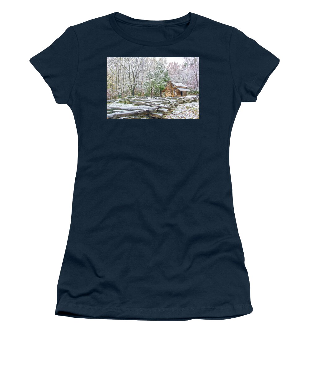 John Women's T-Shirt featuring the photograph Cabin in Snow by Douglas Wielfaert
