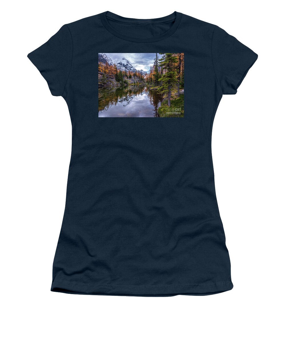  Alpine Lakes Women's T-Shirt featuring the photograph Canadian Rockies Fall Colors Reflection by Mike Reid