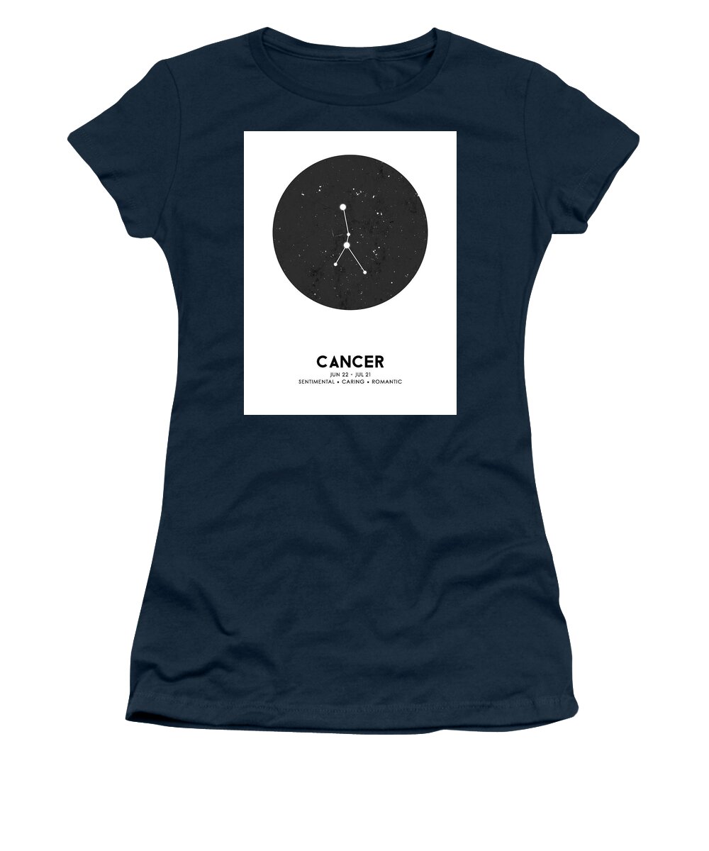 Cancer Women's T-Shirt featuring the mixed media Cancer Poster - Zodiac Sign Print - Zodiac Poster - Cancer Print - Night Sky - Stars - Cancer Traits by Studio Grafiikka
