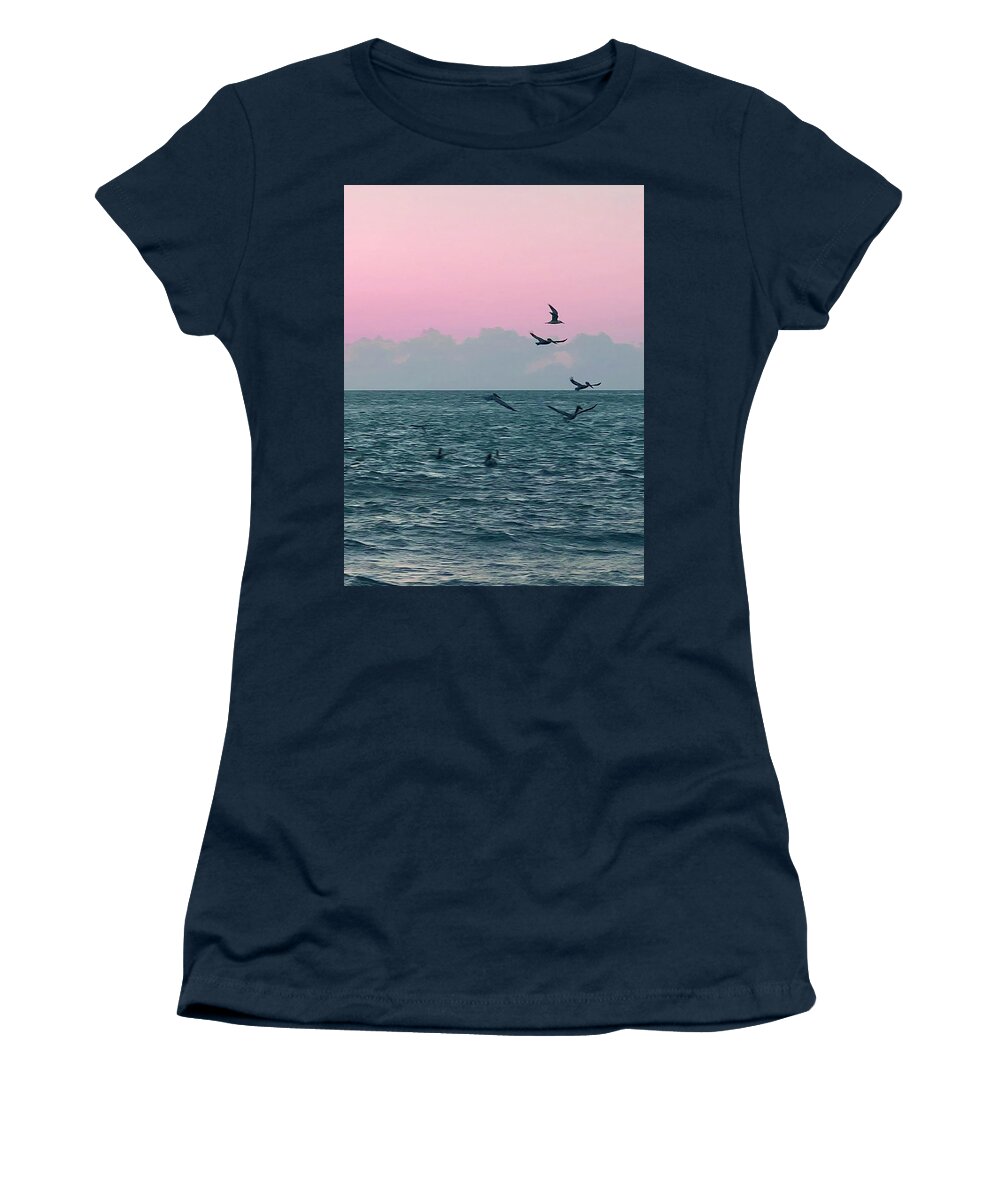 Birds Women's T-Shirt featuring the photograph Captiva Island Sunset Seagulls Feast 3 by Shelly Tschupp