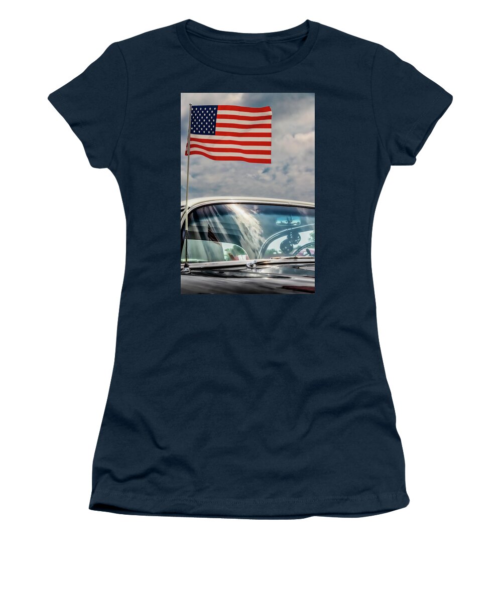 America Women's T-Shirt featuring the photograph Car Show Flag by Bill Chizek