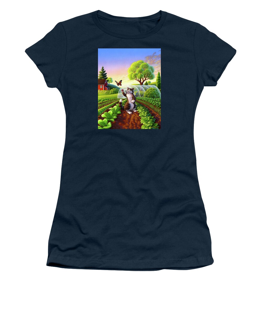 Cat Women's T-Shirt featuring the painting Cat and the Butterfly by Robin Moline