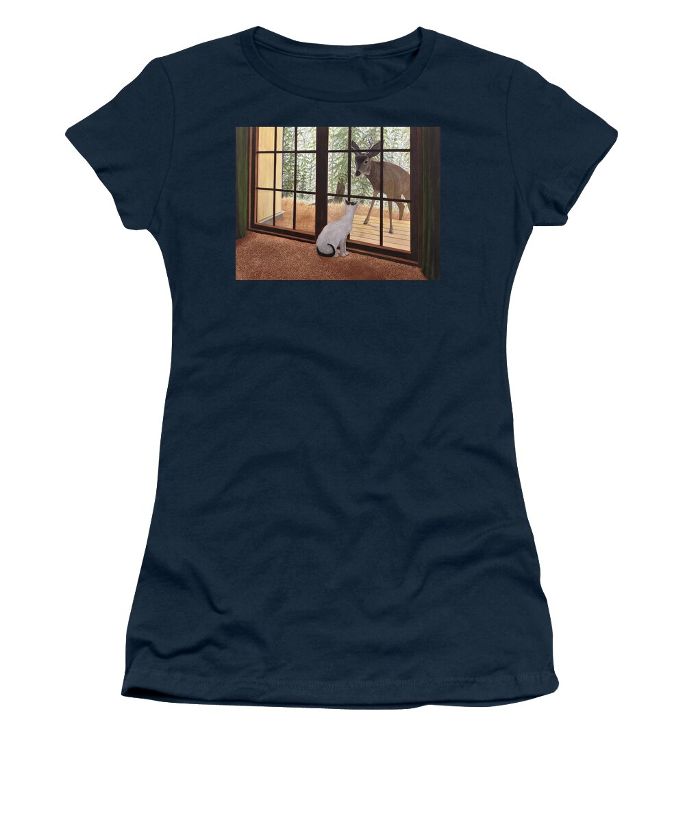 Cat Women's T-Shirt featuring the painting Cat Meets Deer by Karen Zuk Rosenblatt