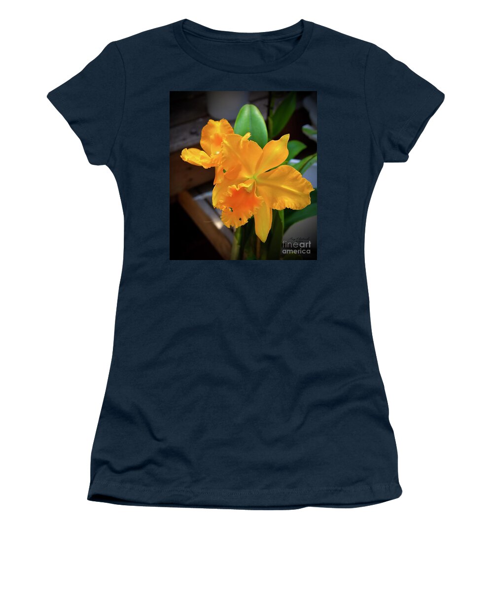 #cattleya #orchid #orange #garyfrichards #gary #richards #petals #ruffledpetals #white #blooms #blooms #marieselbybotanicalgarden #botanical #garden #sarasota #florida #usa Women's T-Shirt featuring the digital art Cattleya Orchid Orange by Gary F Richards