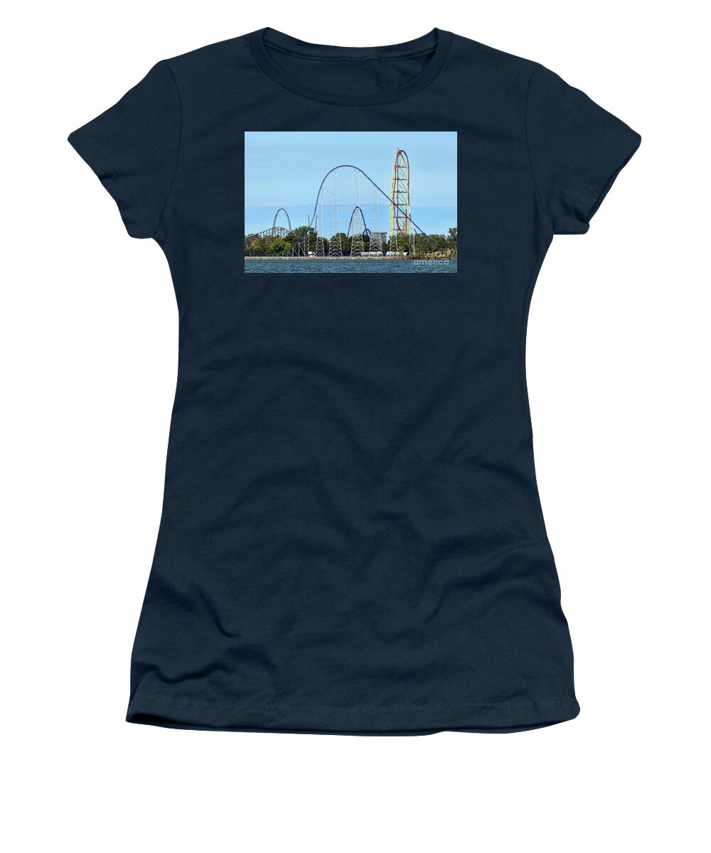 Cedar Point Women's T-Shirt featuring the photograph Cedar Point Millennium Force and Top Trill Dragster 0458 by Jack Schultz