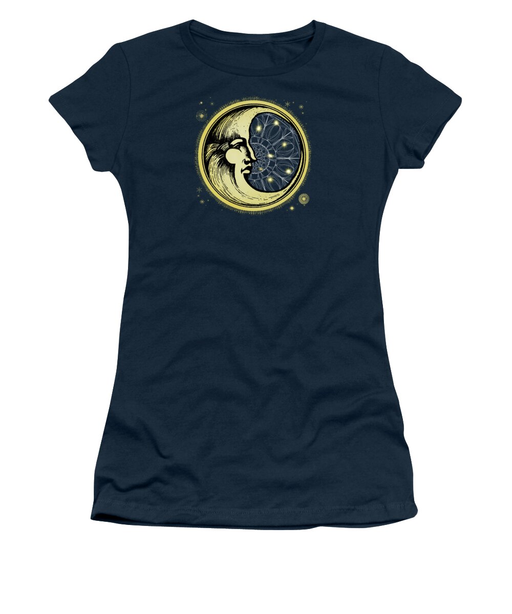 Moon Women's T-Shirt featuring the painting Celestial Antique Man In The Moon Watercolor Batik by Little Bunny Sunshine
