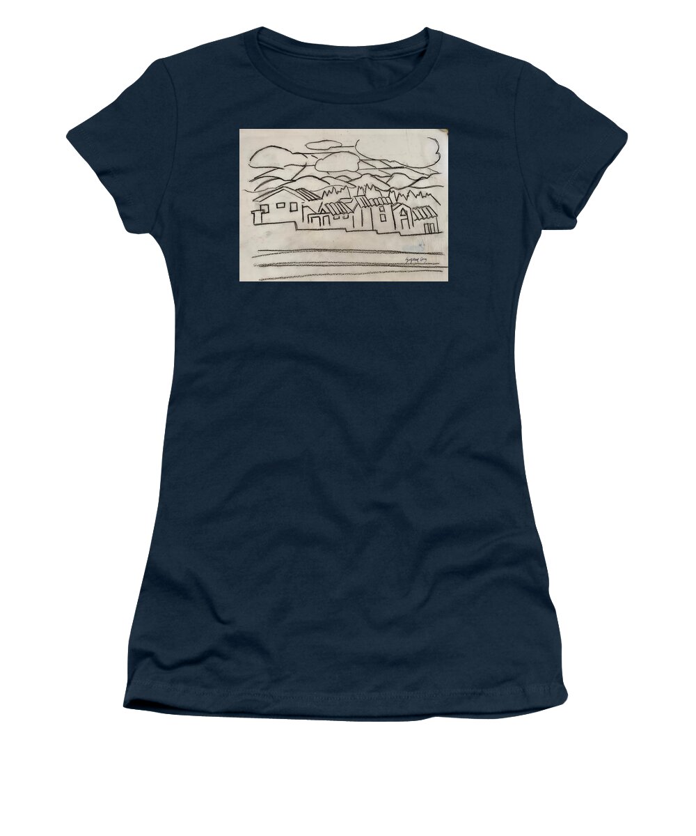 Plein Air Women's T-Shirt featuring the painting Charcoal Houses Sketch by Suzanne Giuriati Cerny