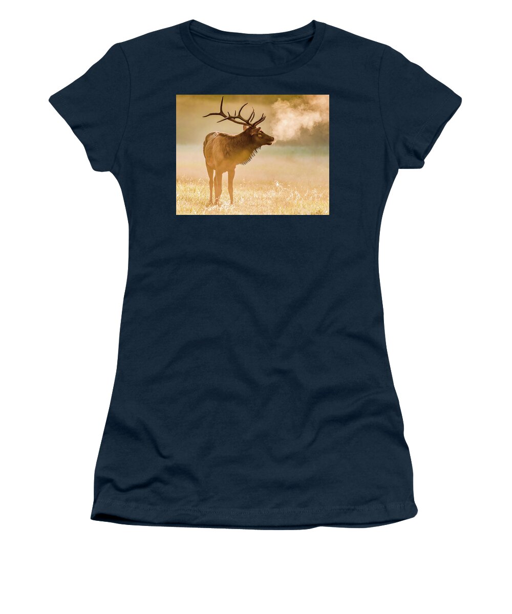 Elk Women's T-Shirt featuring the photograph Frosty Bugle Breath by Marcy Wielfaert