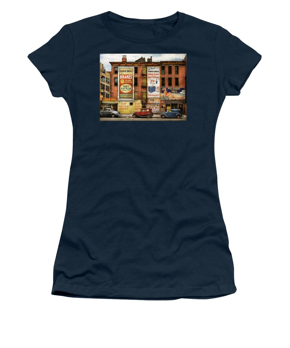 Car Women's T-Shirt featuring the photograph City - New York NY - Elite lunch bar 1938 by Mike Savad