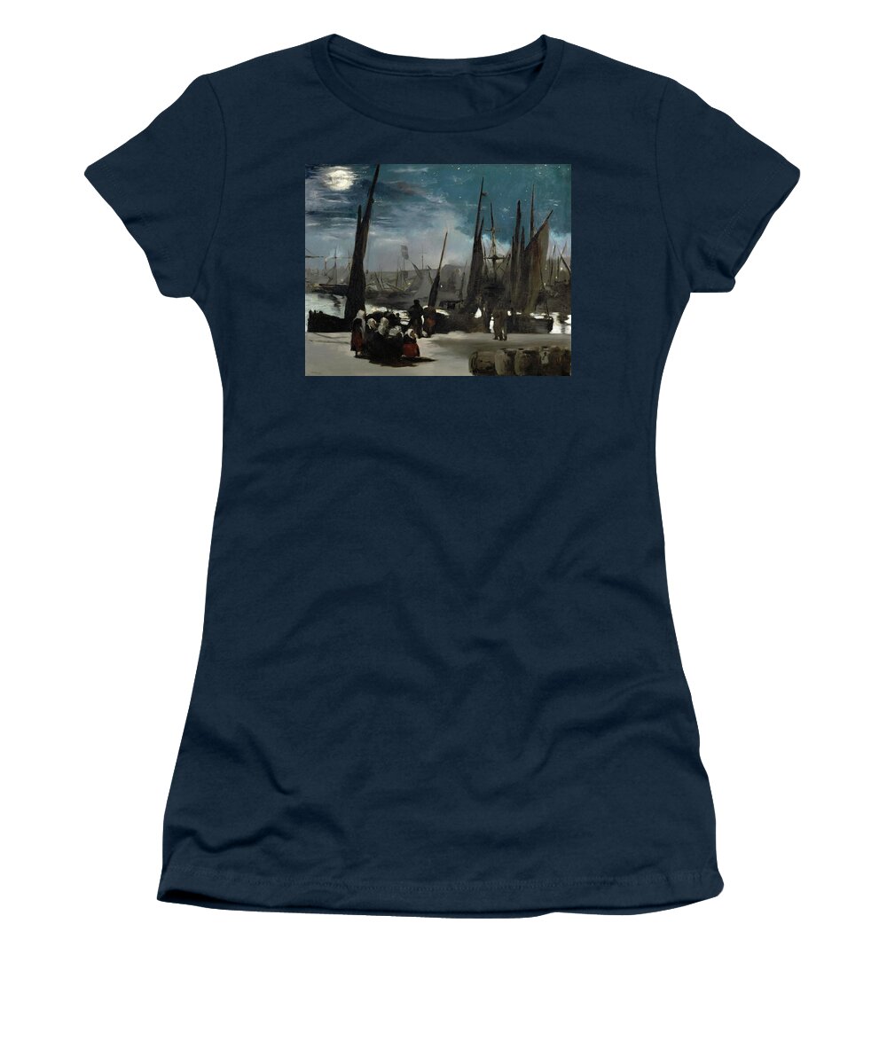 Edouard Manet Women's T-Shirt featuring the painting Clair de lune sur le port de Boulogne. The harbour of Boulogne in moonlight. by Edouard Manet -1832-1883-