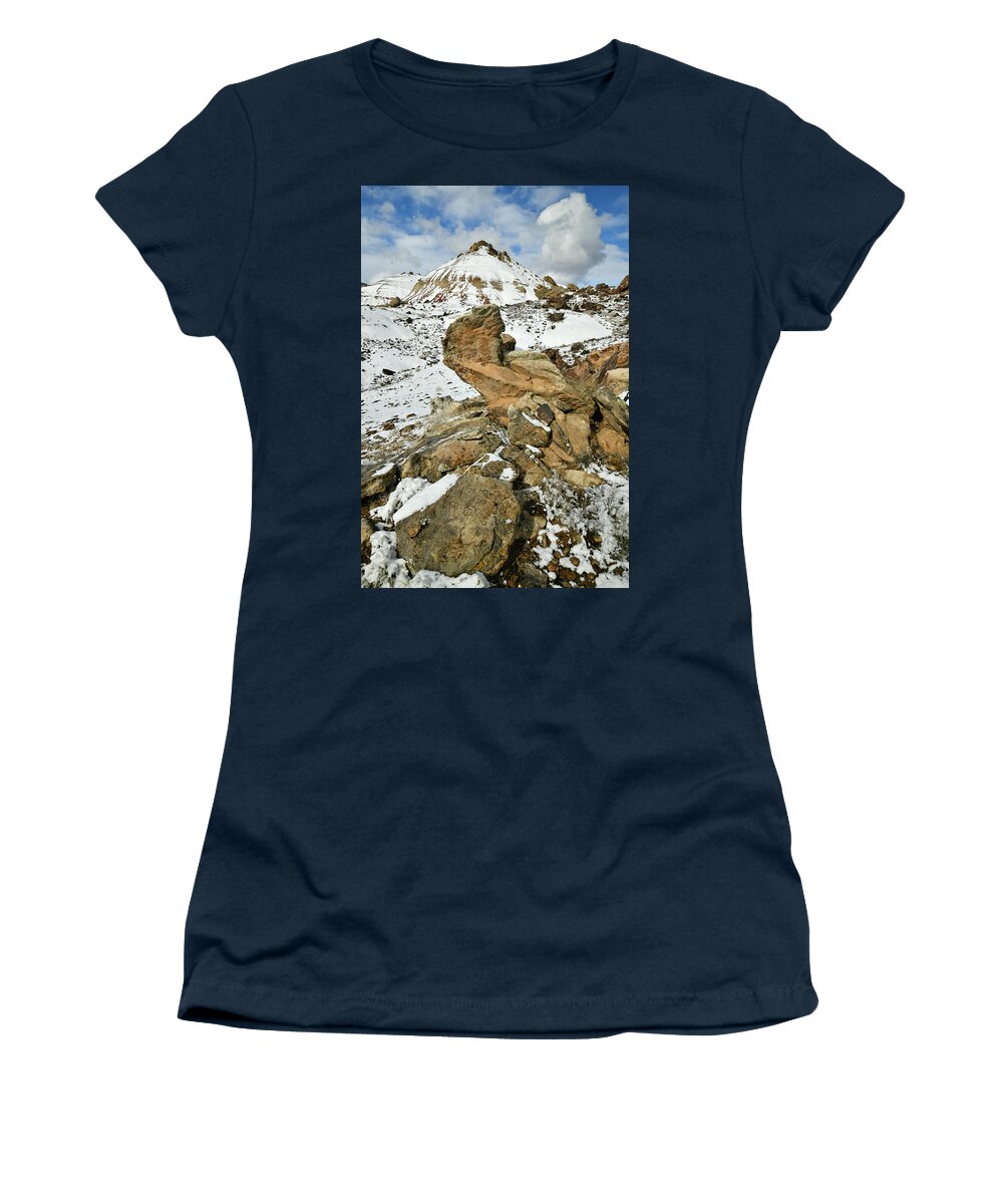 Ruby Mountain Women's T-Shirt featuring the photograph Clouds Billow over Ruby Mountain in Snow by Ray Mathis