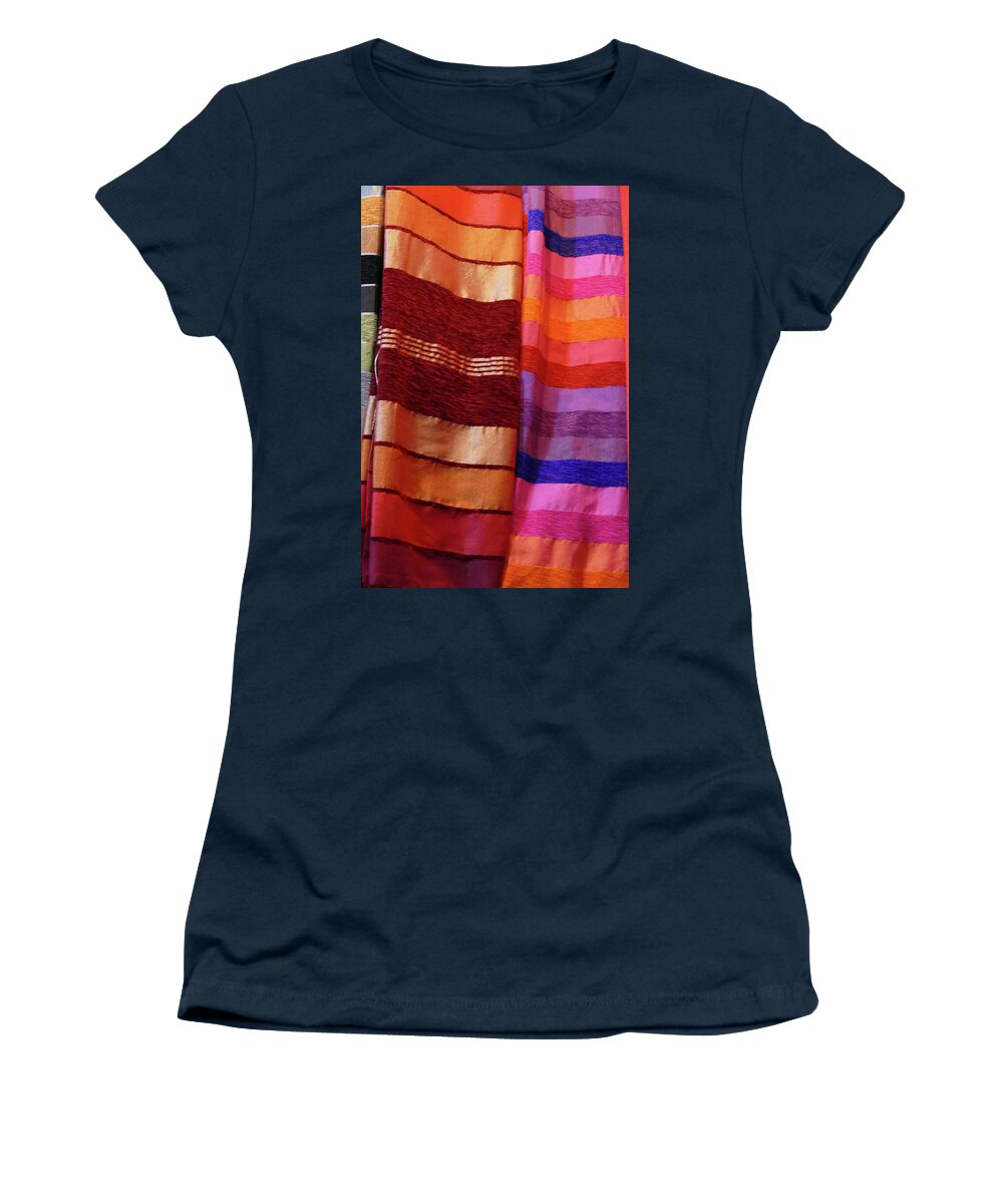 Marrakech Women's T-Shirt featuring the photograph Colorful fabrics in the medina market by Steve Estvanik