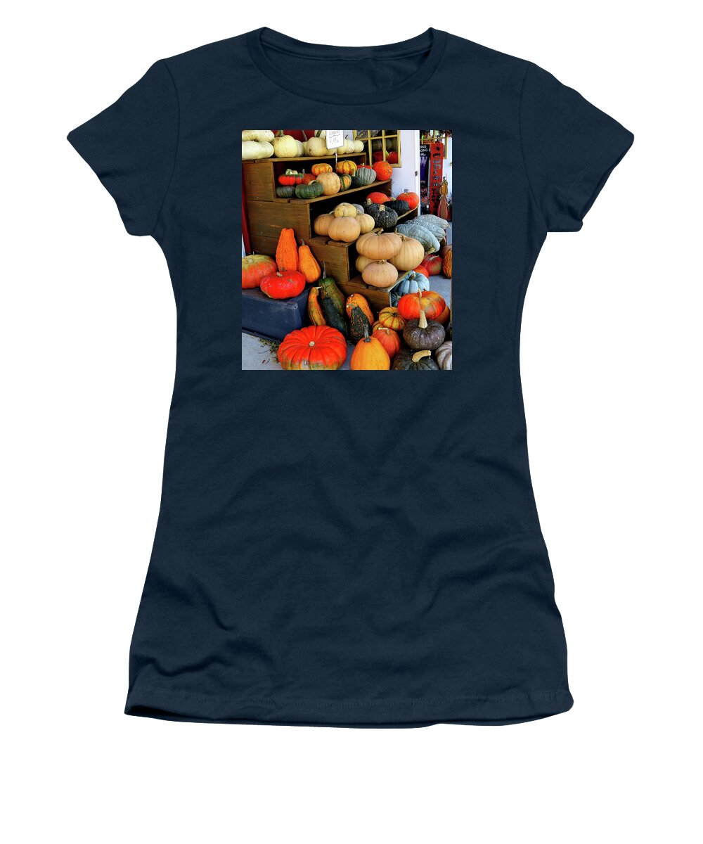 Farmer's Market Display Women's T-Shirt featuring the photograph Colorful Gourds and Squash on Display by Linda Stern