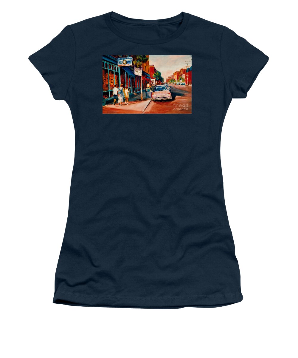 Montreal Women's T-Shirt featuring the painting Colorful Montreal Streets C Spandau Canadian Cityscene Artist Mile End Plateau Quebec Fine Art by Carole Spandau