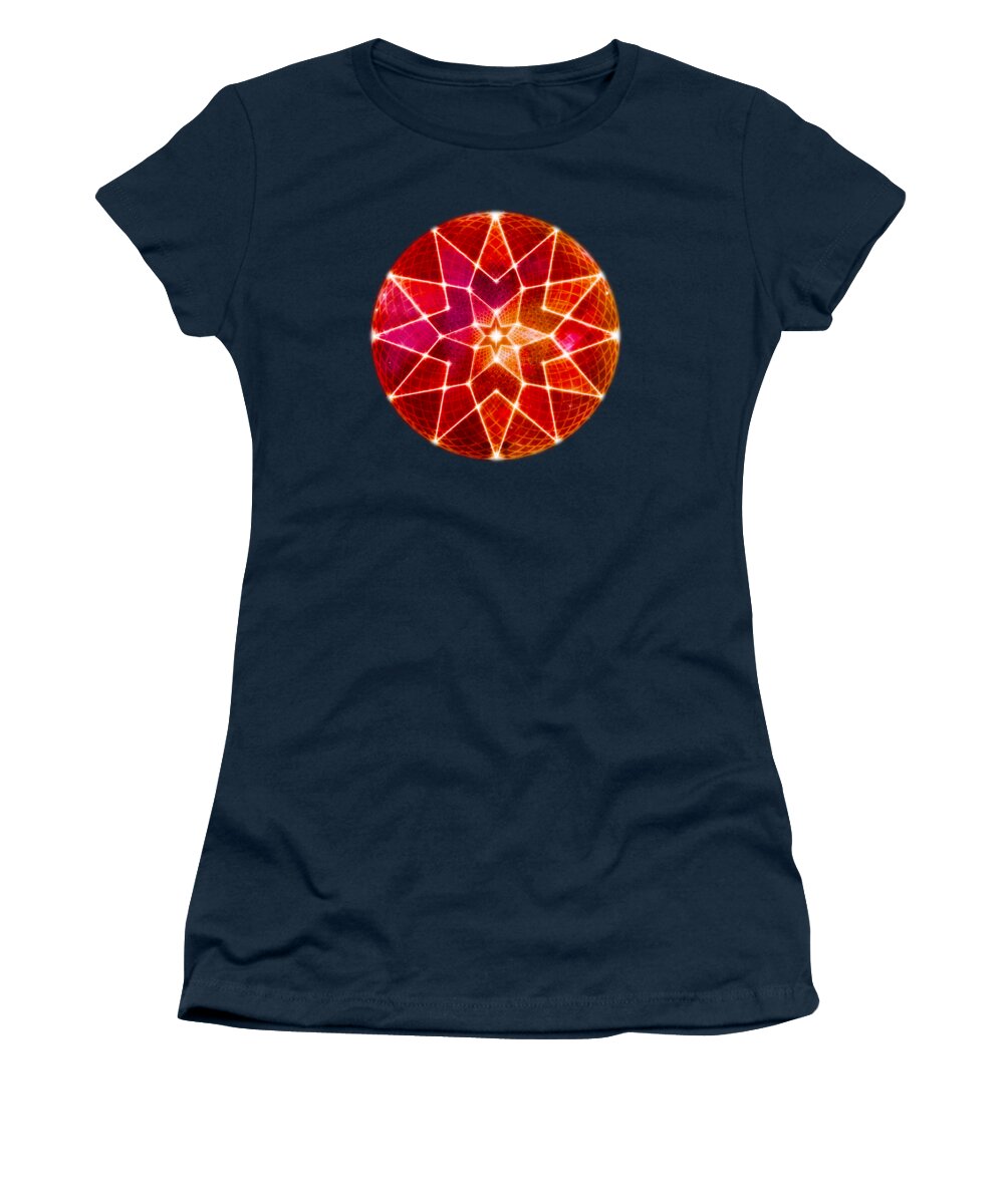 Seed Of Life Women's T-Shirt featuring the digital art Cosmic Geometric Seed of Life Crystal Red Lotus Star Mandala by Laura Ostrowski