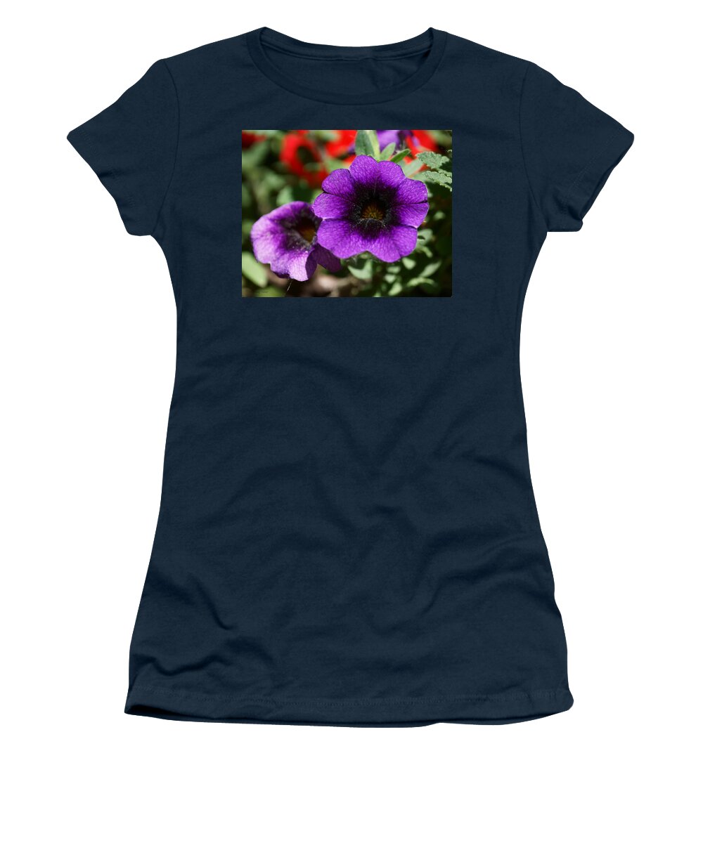 Petunias Women's T-Shirt featuring the photograph Cosmic Purple Petunias by Tracey Vivar