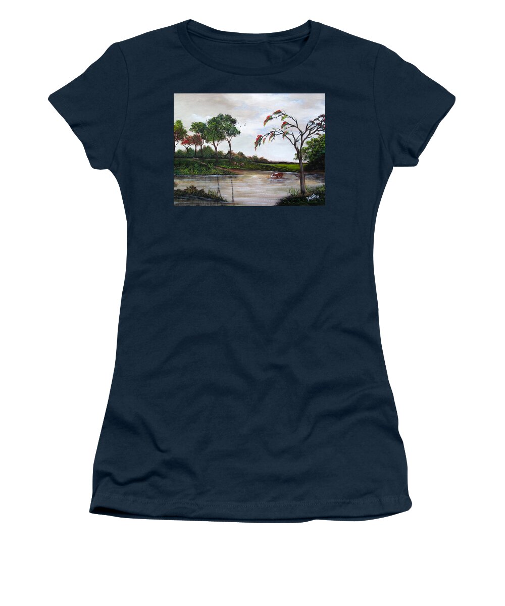Flamboyant Tree Women's T-Shirt featuring the painting Cow Haven by Gloria E Barreto-Rodriguez
