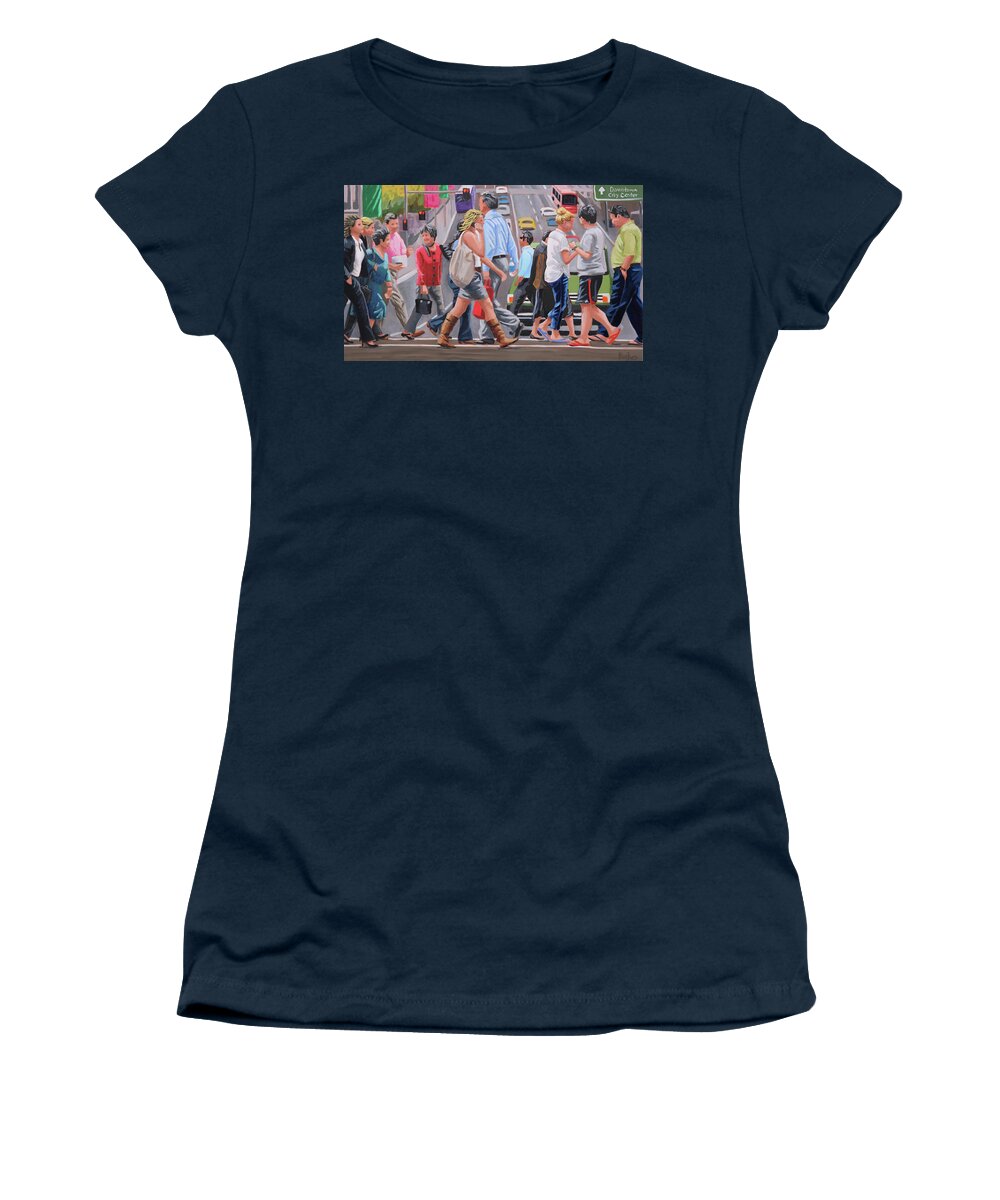 Crosswalk Women's T-Shirt featuring the painting Crosswalk Crowd by Kevin Hughes