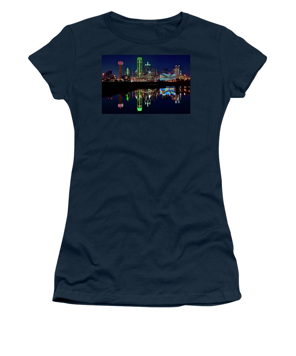Dallas Women's T-Shirt featuring the photograph Dallas Reflecting at Night by Frozen in Time Fine Art Photography