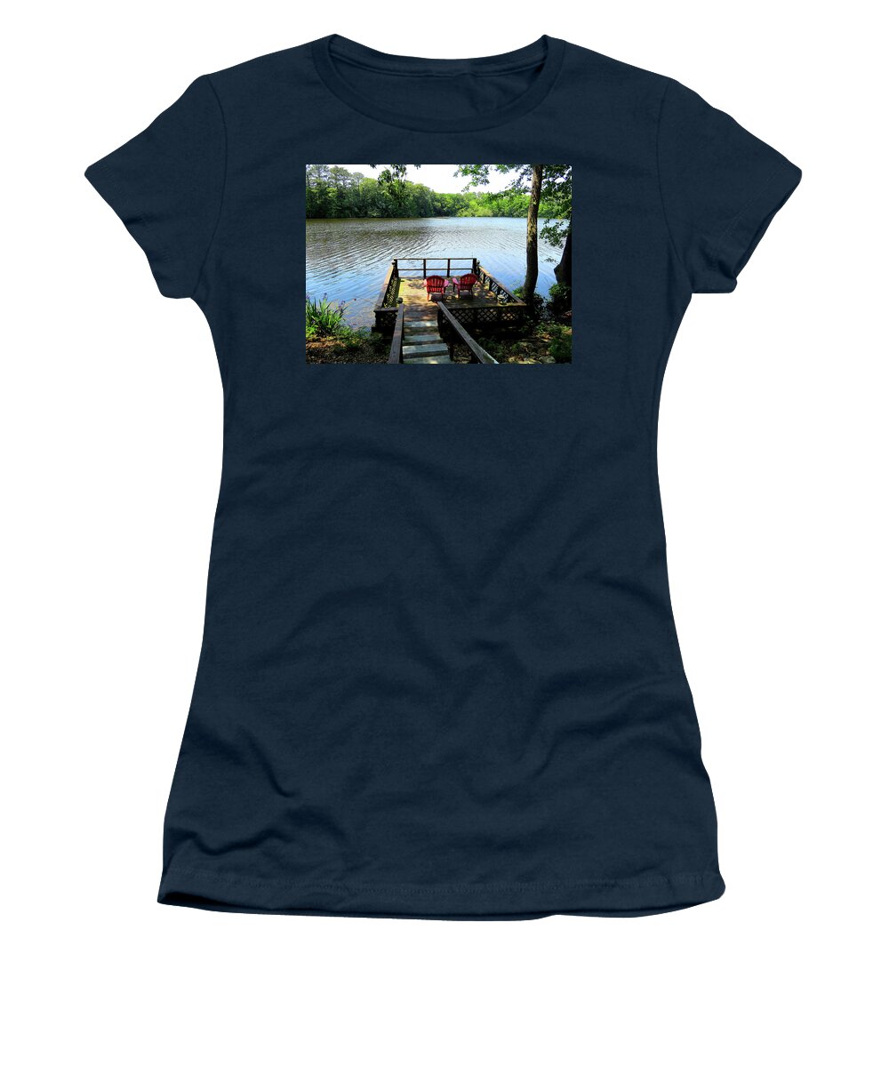 Deck Women's T-Shirt featuring the photograph Deck with Red Chairs and Fishing Poles on a Delaware Lake by Linda Stern