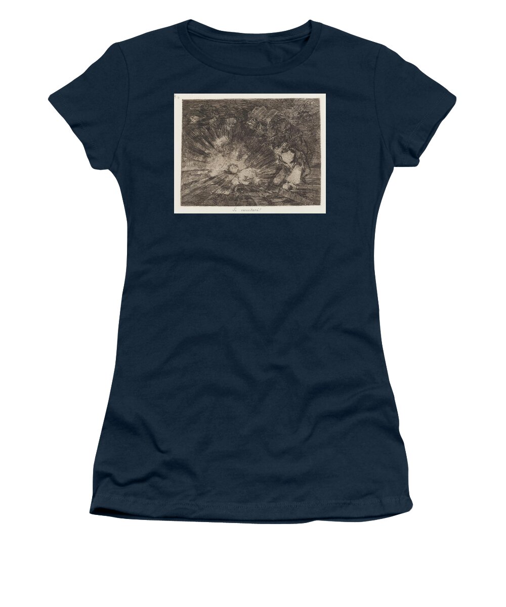 Francisco Jose De Goya Women's T-Shirt featuring the painting 'Disaster 80. Will She Live Again?'. XIX century. Etching, Burnis... by Francisco de Goya -1746-1828-