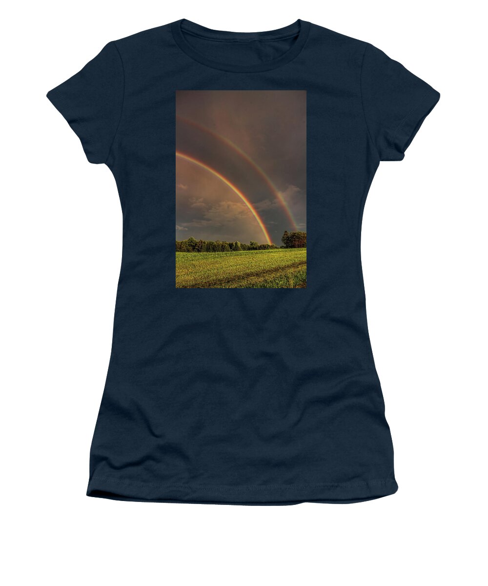 Weather Women's T-Shirt featuring the photograph Double Rainbow Over The Hay Field by Dale Kauzlaric