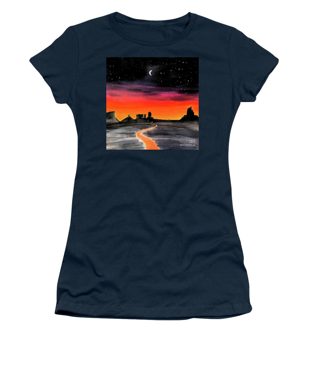 Monument Valley Women's T-Shirt featuring the painting dusk in Monument Valley by Shelley Myers