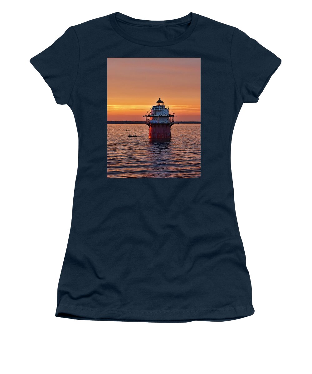 Duxbury Pier Light At Sunset Women's T-Shirt featuring the photograph Duxbury Pier Light at Sunset by Phyllis Taylor