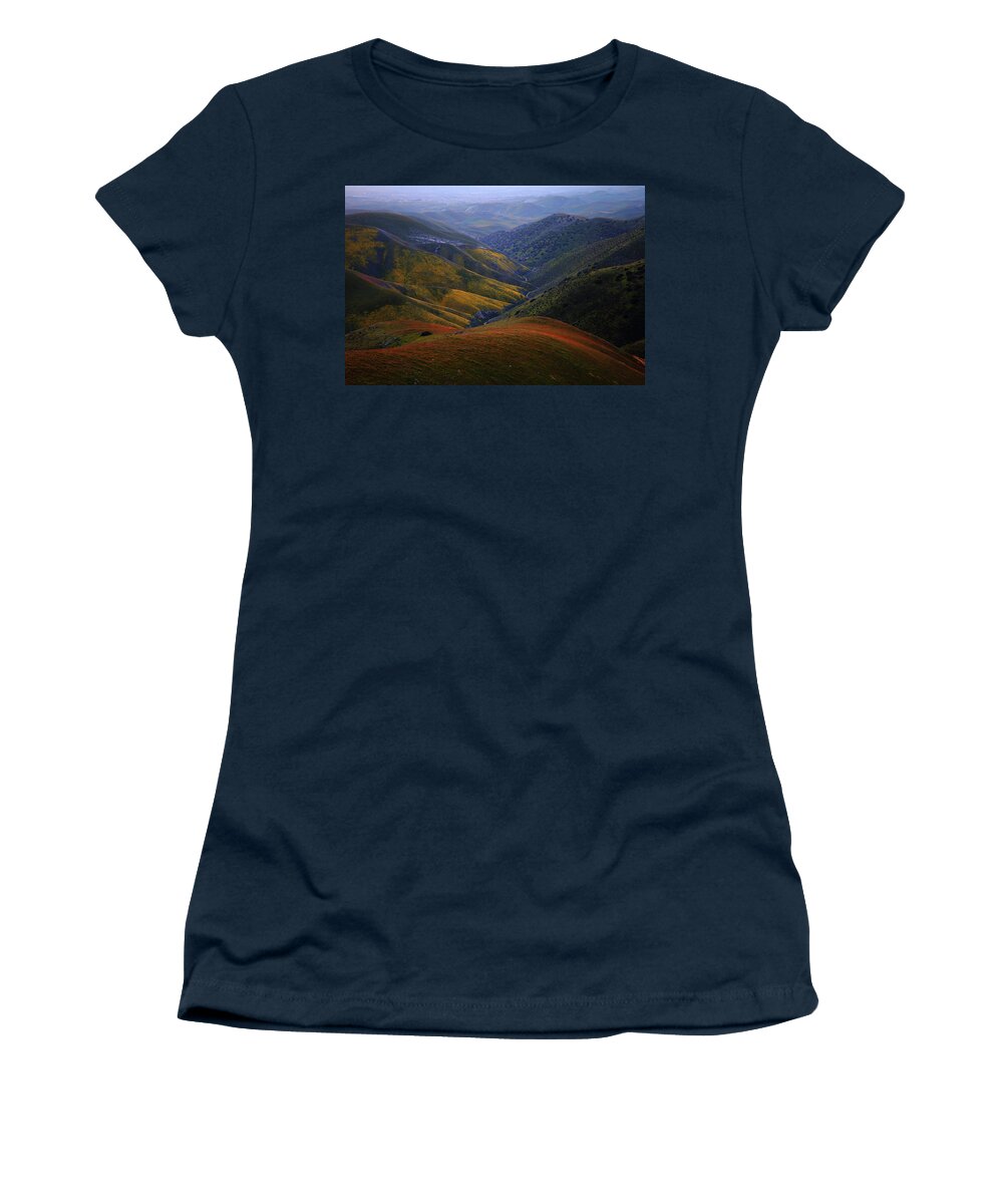 Yellow Women's T-Shirt featuring the photograph Early morning light shines on the hills of wildflowers at Carrizo Plain National Monument by Jetson Nguyen