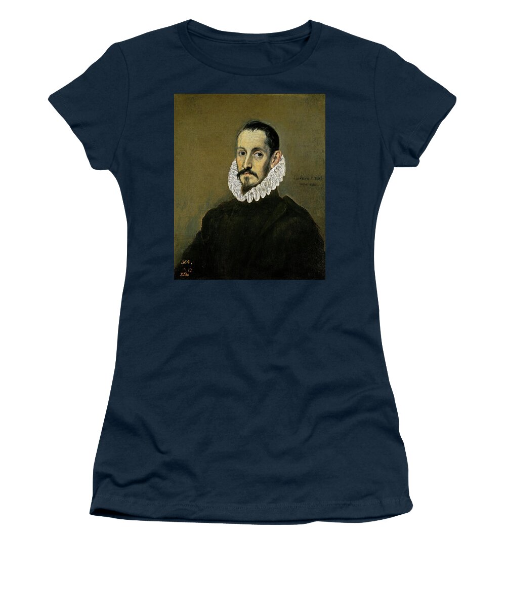 A Nobleman Women's T-Shirt featuring the painting El Greco / 'A Nobleman', ca. 1586, Spanish School, Oil on canvas, 67 cm x 55 cm x 2 cm, P00813. by El Greco -1541-1614-