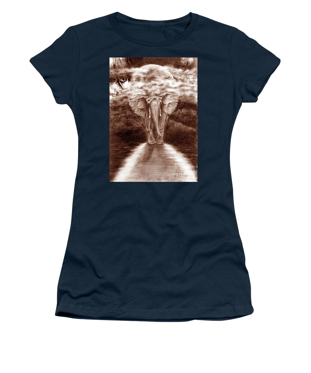 Beautiful Women's T-Shirt featuring the mixed media Elephant in Moon Light by Medea Ioseliani