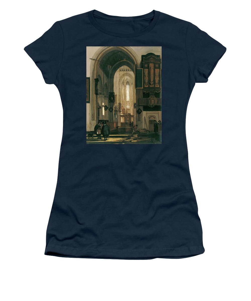 Emanuel De Witte Women's T-Shirt featuring the painting Emanuel de Witte -Alkmaar, ca. 1617-Amsterdam, 1691/1692-. Interior of a Gotic Church. Oil on pa... by Emanuel de Witte -1617-1692-