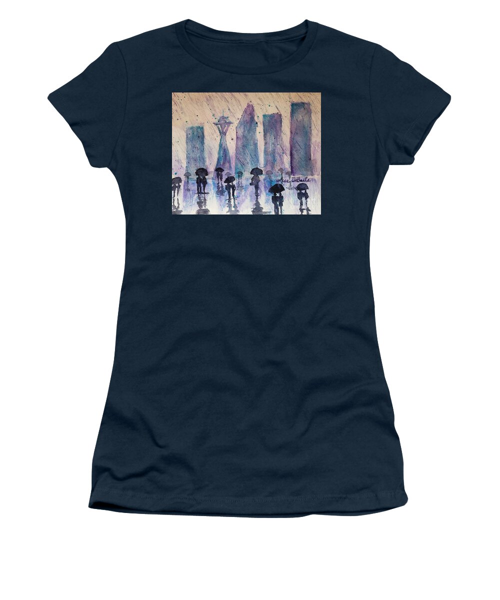 Seattle City Scape Women's T-Shirt featuring the painting Emerald City by Lisa Debaets