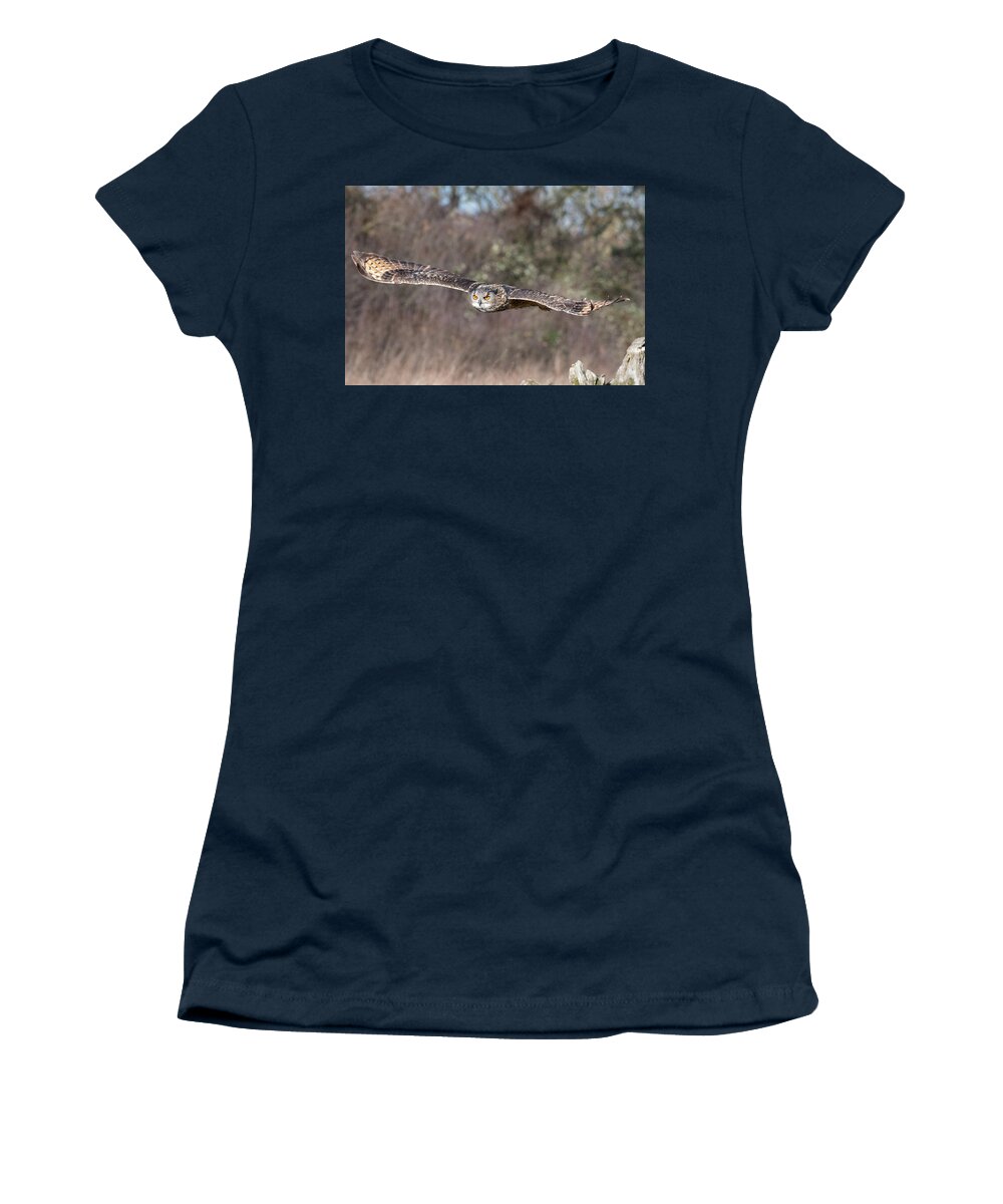 Owl Women's T-Shirt featuring the photograph Eurasian Eagle Owl Gliding by Mark Hunter