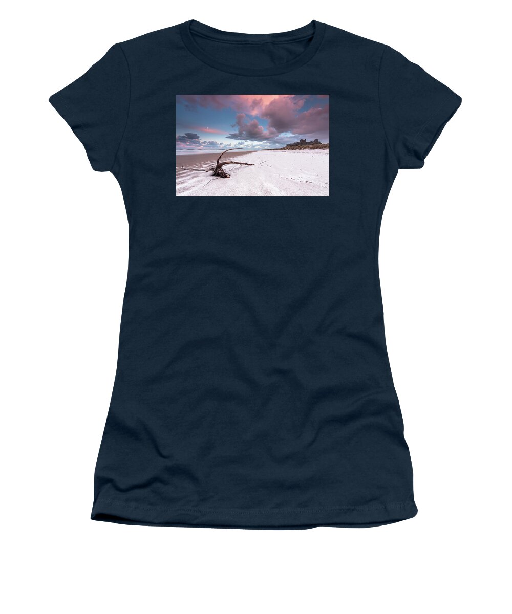 Landscape Women's T-Shirt featuring the photograph Fairy Tale Castle with snow on the beach by Anita Nicholson
