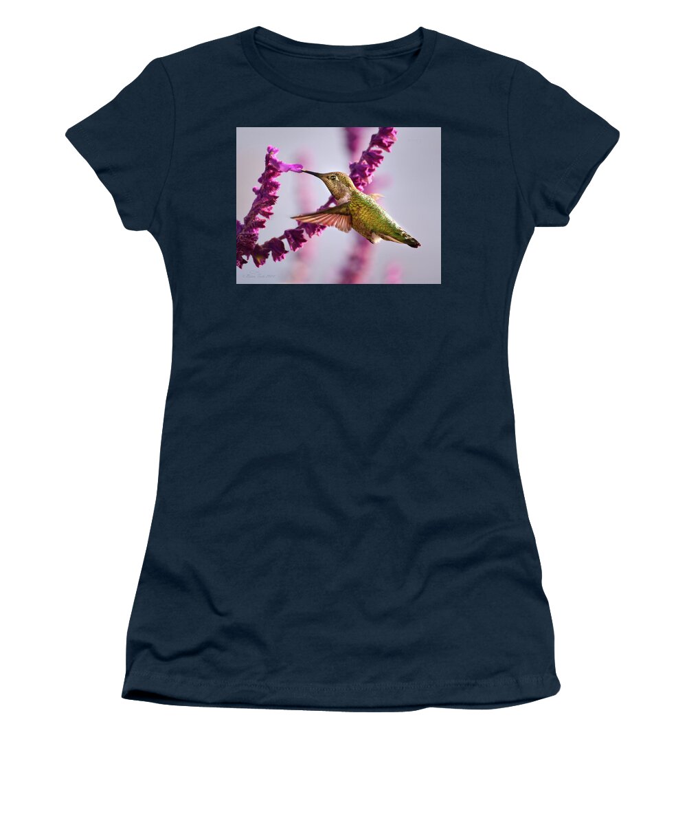 Anna's Women's T-Shirt featuring the photograph Female Annas Hummingbird and Salvia Flower, Side View by Brian Tada