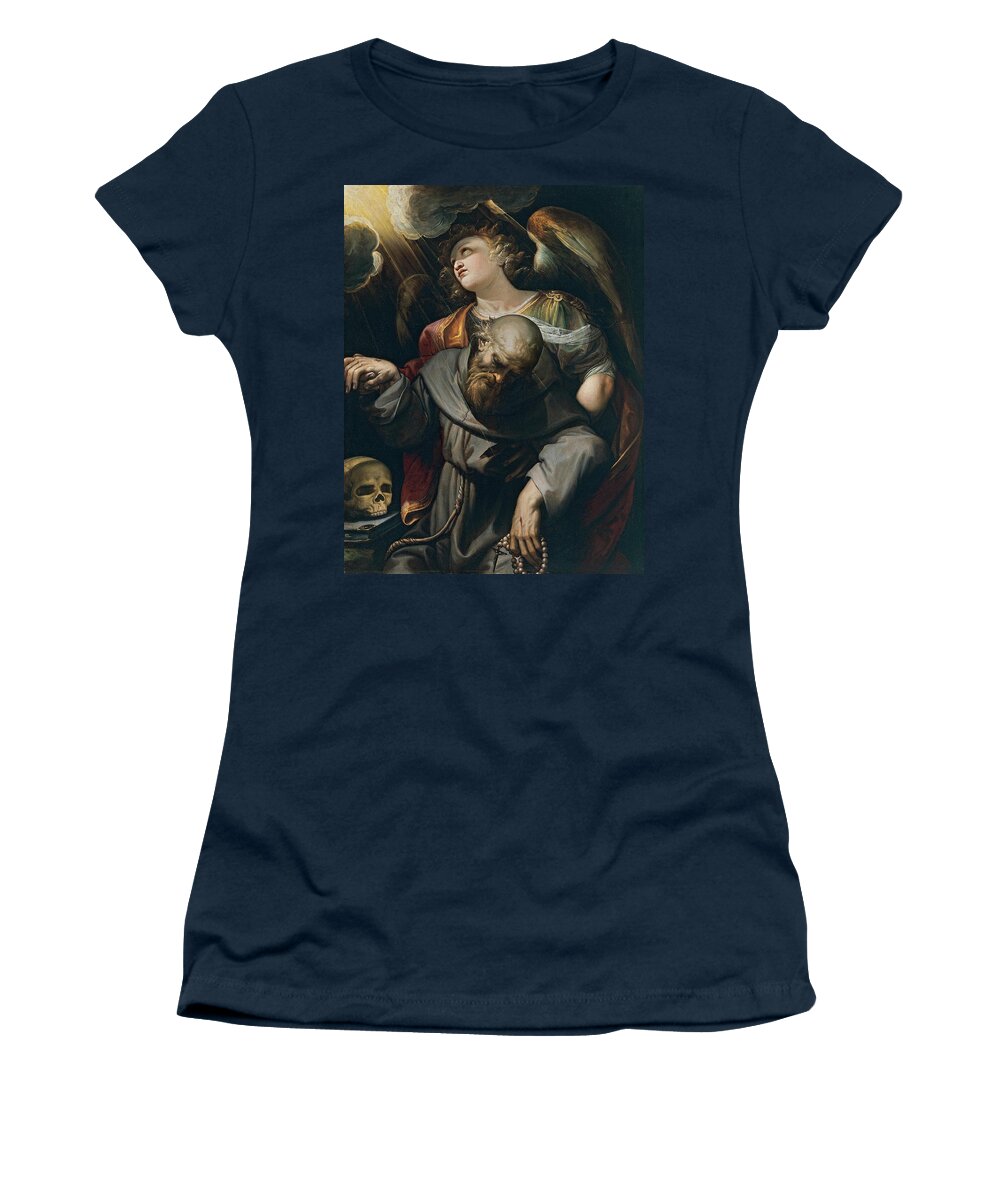 Canvas Women's T-Shirt featuring the painting Ferrau Fenzoni -Faenza, 1562-1645-. Saint Francis with the Stigmata, held up by an Angel -ca. 161... by Ferrau Fenzoni -1562-1645-